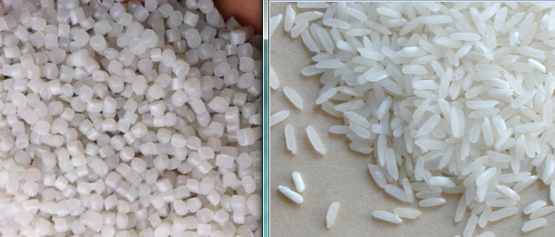 左边为塑料颗粒，右边为正常大米，两者外观上差别很大